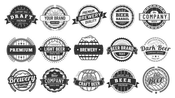 Brewery badge. Draft beer barrel emblem, retro circle badges and quality emblems vintage hipster logo stamps vector set Brewery badge. Draft beer barrel emblem, retro circle badges and quality emblems vintage hipster logo stamps. Hipster beer manufacturing, brewery logotype or bar pub emblem. Vector isolated icons set beer brands stock illustrations