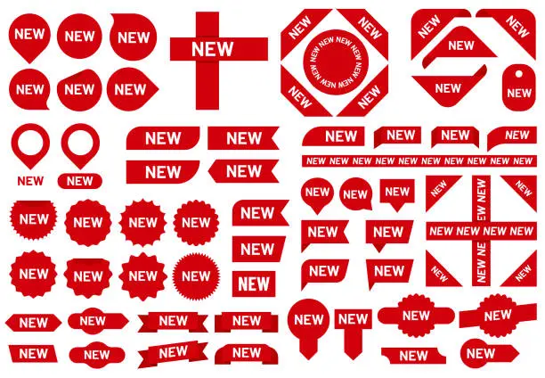 Vector illustration of New sticker badge. Newest arrival sale ribbon stickers, red badges and new flag sign vector set