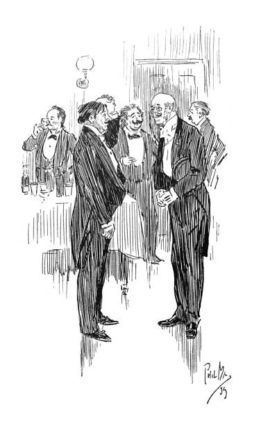 istock British satire comic cartoon caricatures illustrations - Two men in tuxedos talking at a party 1153078406