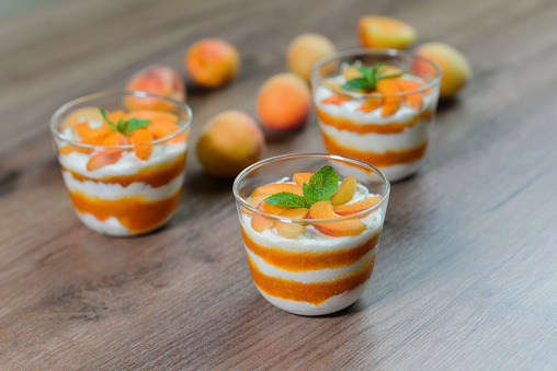 White Chocolate Mousse with apricots and mint.