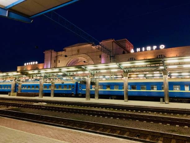 istock Blue train. train station in the city Dnipro. 1153081450