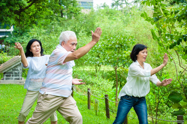 istock Senior female adults practicing Tai Chi from the master in park 1153082782