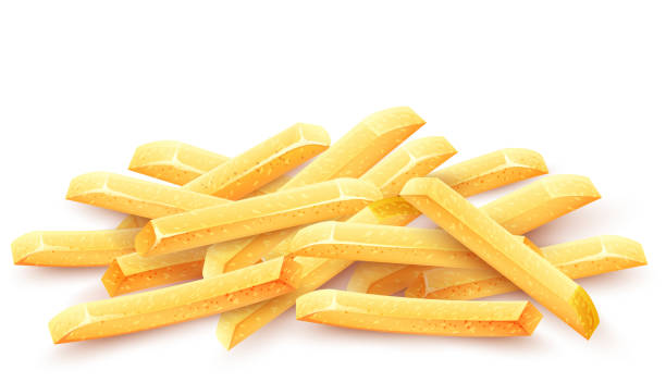 French fries. Roasted potato chips. Vector illustration. French fries. Roasted potato chips in deep fat fry oil potatoes. Yellow sticks. Fastfood. Unhealthy tasty food. Horizontal banner, isolated on white background. Eps10 vector illustration. nuggets heat stock illustrations