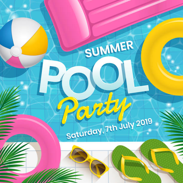 Pool party invitation vector illustration with water swimming pool vector background. Pool party invitation vector illustration with water swimming pool vector background. beach ball stock illustrations