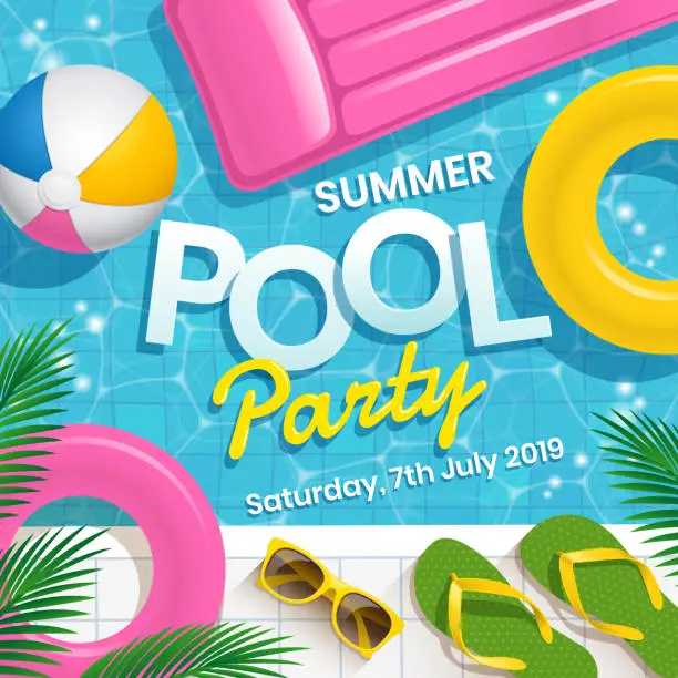 Vector illustration of Pool party invitation vector illustration with water swimming pool vector background.