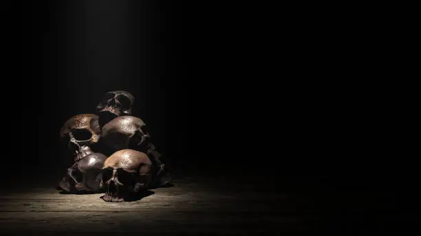 Photo of Human skulls in dark room 3d render