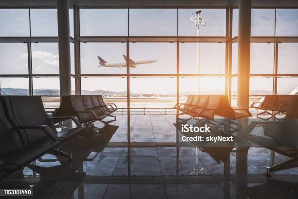 Airport Waiting Room Flying Plane Stock Photo - Download Image Now - Airport, Airplane, Airport Terminal