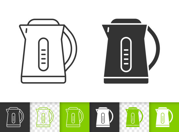 Electric Kettle simple black line vector icon Electric kettle black linear and silhouette icons. Thin line sign of teapot. Kitchen appliance outline pictogram isolated on white, transparent. Vector Icon shape Electric Kettle simple symbol closeup glass cup of boiling water stock illustrations