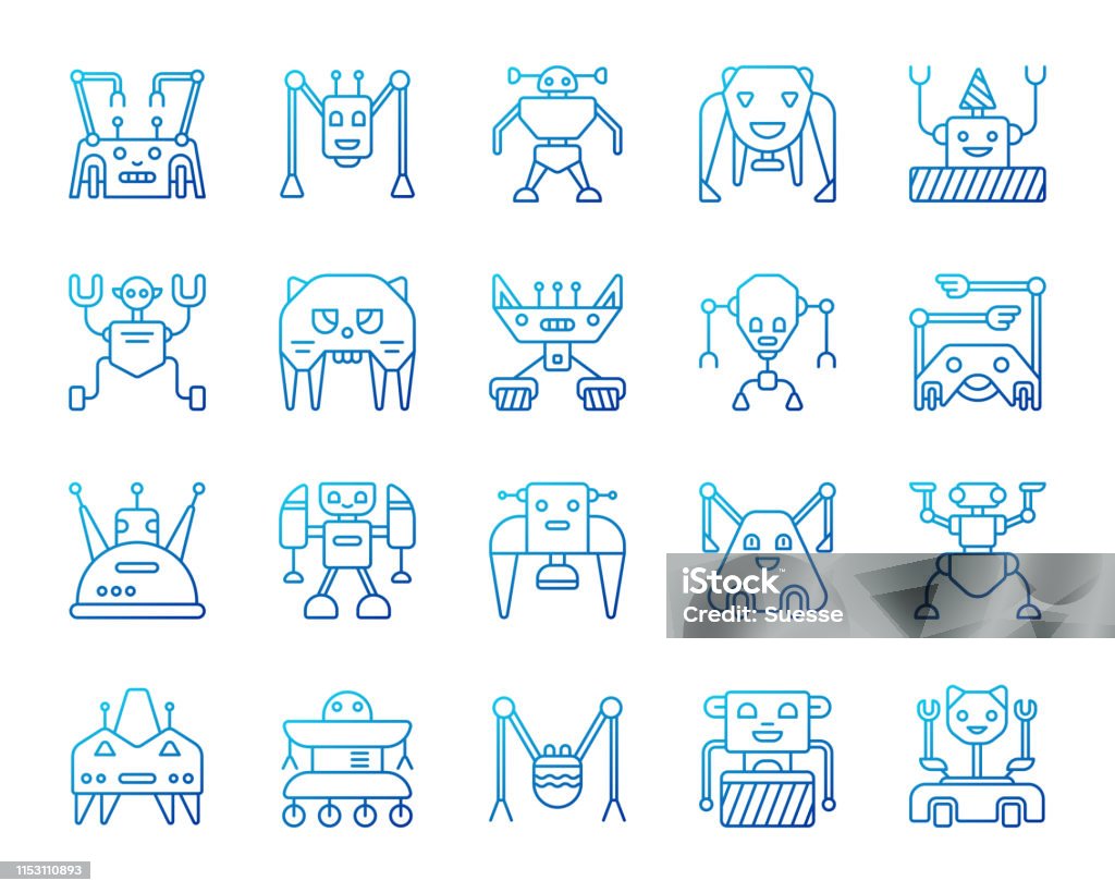 Robot simple color line icons vector set Robot thin line icons set. Outline vector web sign kit of character. Transformer linear icon collection includes toy, cyborg, android. Modern color gradient simple robot symbol isolated on white Ant stock vector