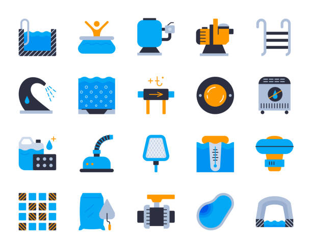 Pool Equipment simple flat color icons vector set Swimming Pool Equipment flat icons set. Sign kit of construction. Repair pictogram collection includes stairs, waterfall, geyser. Simple pool cartoon icon symbol isolated on white. Vector Illustration cleaner illustrations stock illustrations