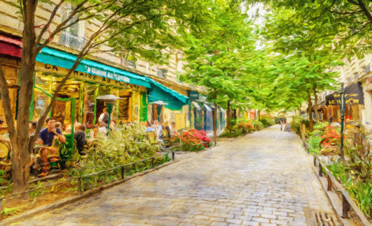 Paris in the spring watercolour oil-paint filter. Bohemian Les Marais 4th district with poeple relaxing at cafes on a tree-lined boulevard. Monet style