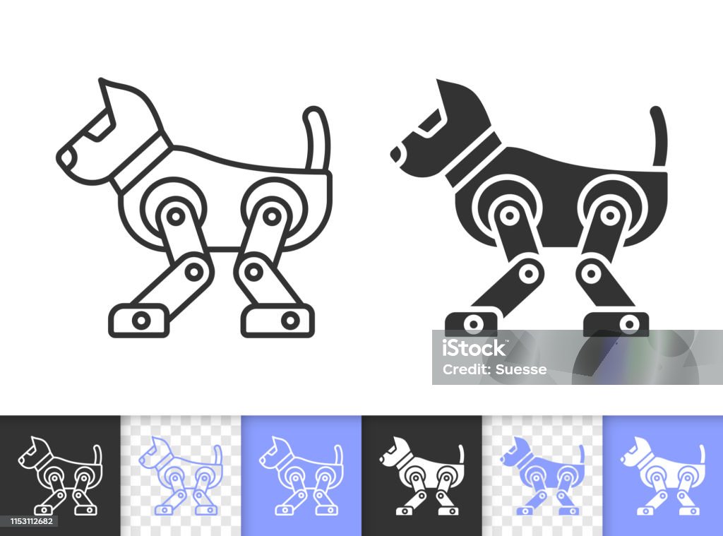 Robot Dog simple black line vector icon Robot dog black linear and silhouette icons. Thin line sign of kids toy. Transformer outline pictogram isolated on white, color, transparent background. Vector Icon shape. Robot simple symbol closeup Alien stock vector