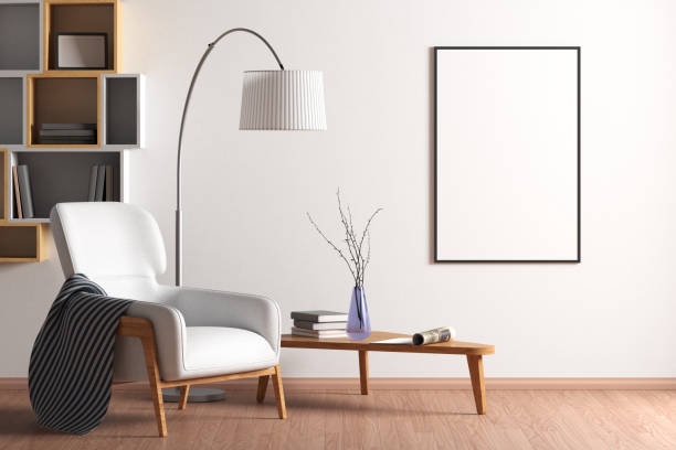 blank poster mock up with black frame on the wall in living room interior - interior wall fotos imagens e fotografias de stock