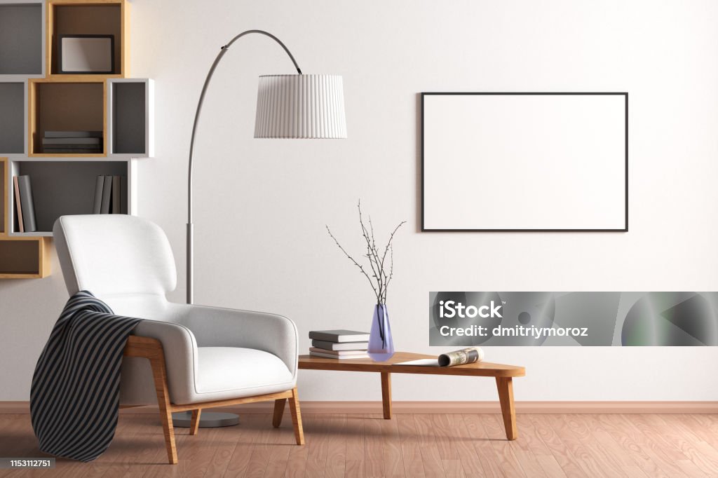 Blank poster mock up with black frame on the wall in living room interior Blank horizontal poster mock up with black frame on the wall in living room interior with bookshelf; armchair; coffee table and floor lamp. 3d illustration Living Room Stock Photo