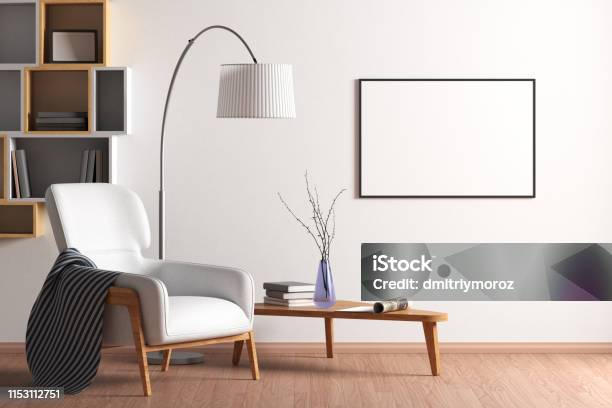 Blank Poster Mock Up With Black Frame On The Wall In Living Room Interior Stock Photo - Download Image Now