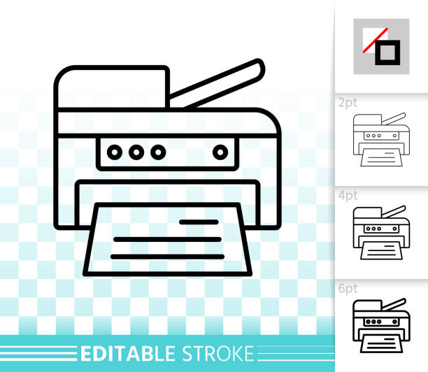 ilustrações de stock, clip art, desenhos animados e ícones de printer simple black line vector icon - print computer printer printout push button