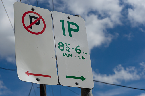 Parking sign indicating parking rules on both sides of the street