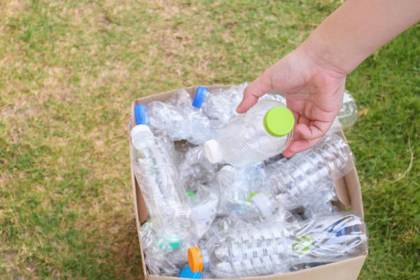 istock Hand hold and put plastic bottles in to brown recycle garbage box 1153114998