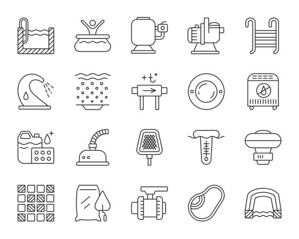 Pool Equipment simple black line icons vector set Swimming pool equipment thin line icons set. Outline sign kit of construction. Repair linear icon collection includes stairs, waterfall geyser. Simple pool symbol isolated on white Vector Illustration electric heater stock illustrations