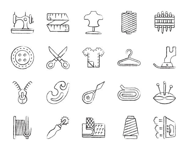szycie węgiel drzewny rysować ikony linii zestaw wektorowy - sewing foot stock illustrations