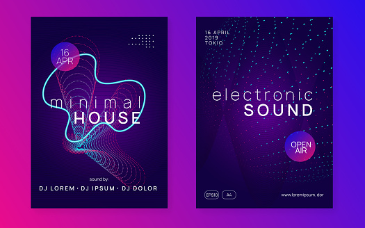 Music flyer. Dynamic fluid shape and line. Futuristic discotheque brochure set. Neon music flyer. Electro dance dj. Electronic sound fest. Techno trance party. Club event poster.