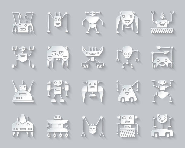 Robot simple paper cut icons vector set Robot paper cut art icons set. 3D web sign kit of character. Transformer pictogram collection includes toy, assistant, bot. Simple robot vector paper carved icon shape. Material design symbol robot spider stock illustrations