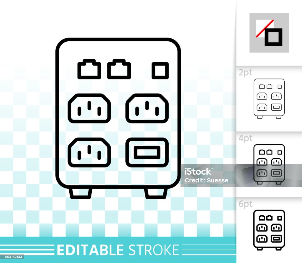 Ups simple black line vector icon Ups thin line icon. Outline sign of uninterruptible power supply. Box linear pictogram with different stroke width. Simple vector symbol, transparent background. Ups editable stroke icon without fill Acid stock vector