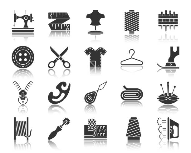 Sewing black silhouette icons vector set Sewing silhouette icons set. Monochrome web sign kit of fashion. Embroidery pictogram collection includes sewing machine, foot, scissors. Simple vector black symbol. Sewing shape icon with reflection nylon fastening tape stock illustrations