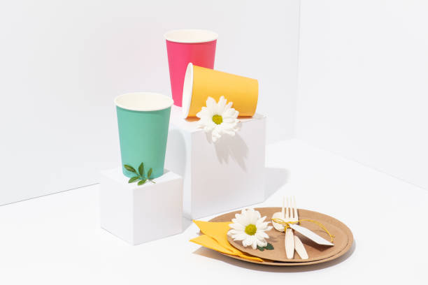 istock Recyclable multicolored paper tableware, cornstarch cutlery over white 1153135774