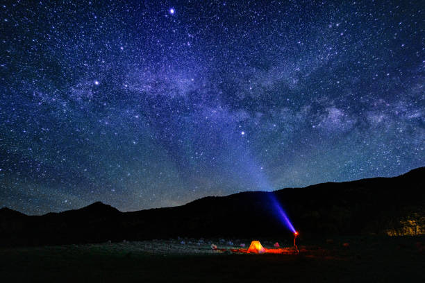Camping in Tent Below the Milky Way Galaxy - Scenic night sky views of Milky Way galaxy and dark skies with many stars crisply visible.