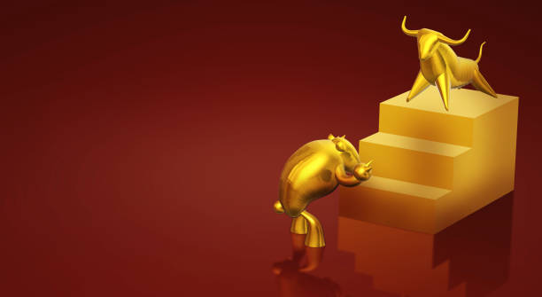 istock 3d rendering gold bull and bear business content. 1153143660