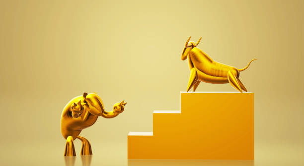 istock 3d rendering gold bull and bear business content. 1153143680