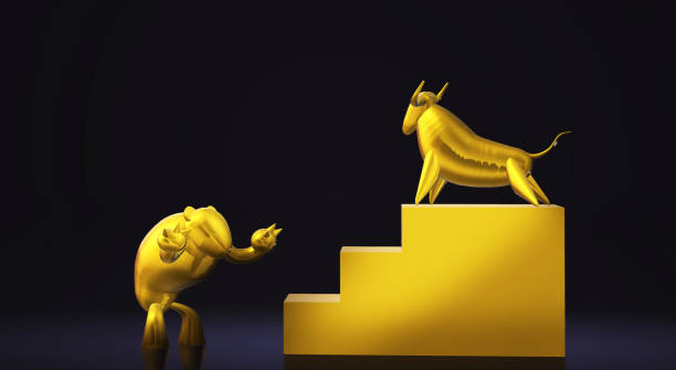 istock 3d rendering gold bull and bear business content. 1153143693