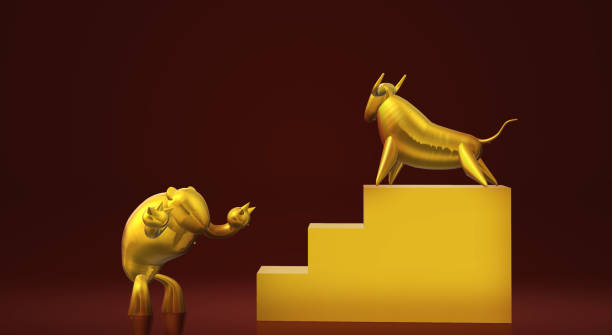 istock 3d rendering gold bull and bear business content. 1153143701