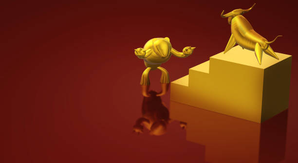 istock 3d rendering gold bull and bear business content. 1153143770