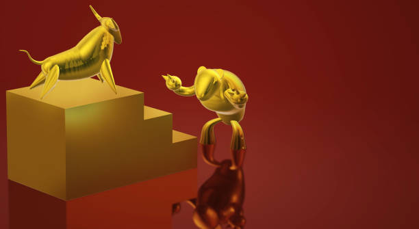 istock 3d rendering gold bull and bear business content. 1153144350