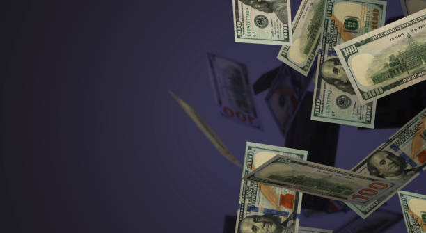 3d rendering falling 100-dollar-geschäftsinhalte. - currency us paper currency falling flying stock-fotos und bilder