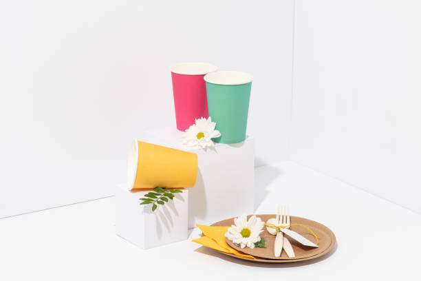 istock Recyclable multicolored paper tableware, cornstarch cutlery over white 1153144469