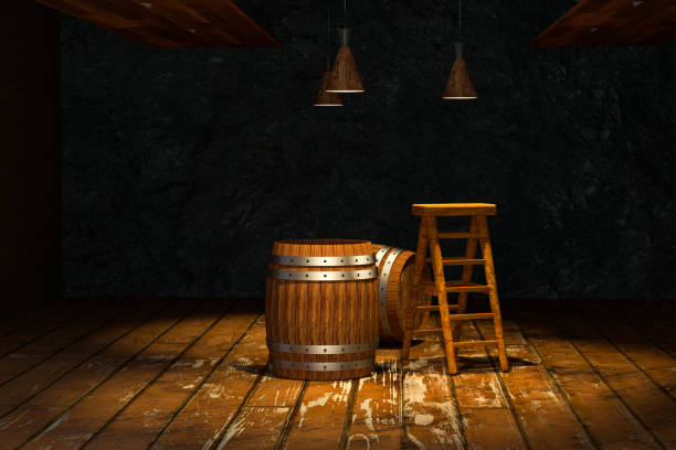 istock Wooden cellar with barrels inside, vintage beverage warehouse, 3d rendering. 1153144489