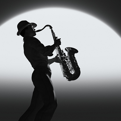 Black and white image of a man playing saxophone. This is a 3d render illustration.