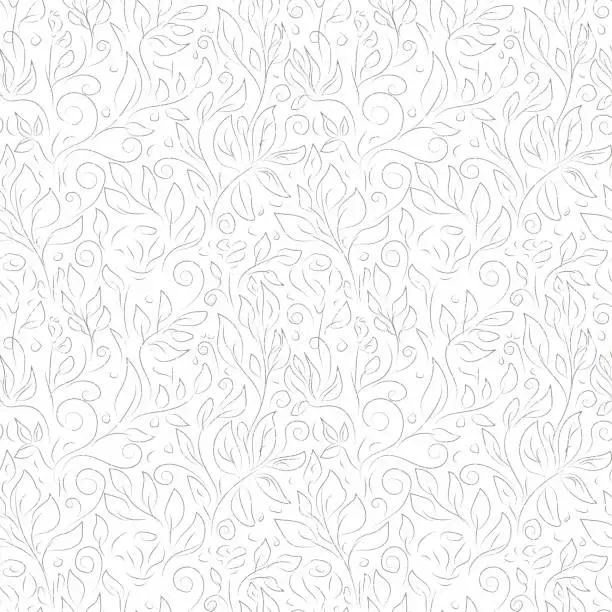 Vector illustration of Hand drawn gray contours of abstract flowers and leaves on white background.