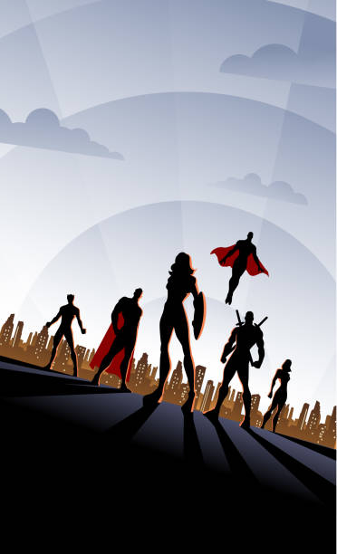 art deco woman-led superhero team z city skyline plakat - superhero comic book cityscape flying stock illustrations