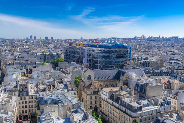 Paris, panorama of the city Paris, France, June 1st, 2019, panorama of the city, with the Pompidou center, and the Saint-Merri church pompidou center stock pictures, royalty-free photos & images