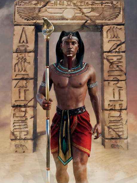 Ancient Egyptian priest with a cobra staff Ancient Egyptian priest with a cobra staff standing in front of an arch with hieroglyphs. 3D render. pharaoh stock pictures, royalty-free photos & images