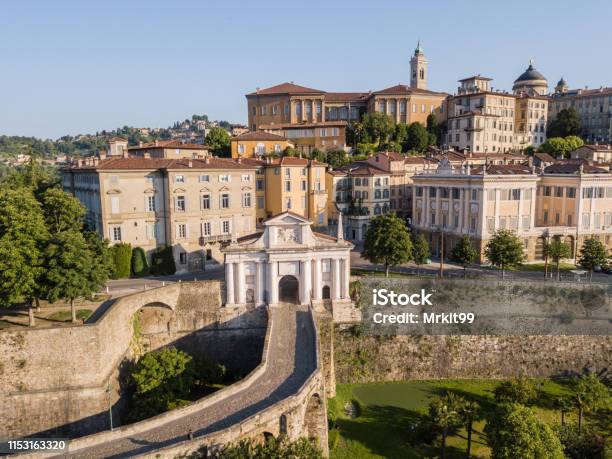Bergamo Italy Drone Aerial View Of The Old Gate San Giacomo And Historical Building The Old Town One Of The Beautiful City In Italy Stock Photo - Download Image Now