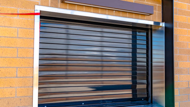 istock Panorama Close up of a building with glossy industrial roller shutter on the window 1153164702