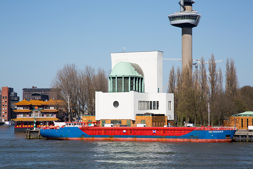 Rotterdam, The Netherlands - April 2019. Ventilation buildings for the Maas Tunnel. This tunnel is an important part of Rotterdam's road network. Situated alongside the Meuse south bank.