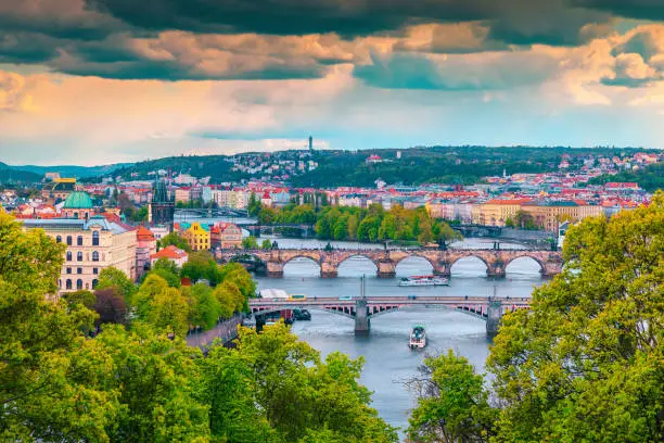 Photo of Picturesque cityscape panorama with bridges and river, Prague, Czech Republic