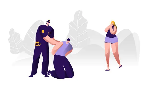 Vector illustration of Policeman Arrests Thief. Cop in Uniform on Duty at Work, Law Protection Concept, Professional Safety Control, Police Officer Put Handcuffs on Offender Hands, Witness. Cartoon Flat Vector Illustration