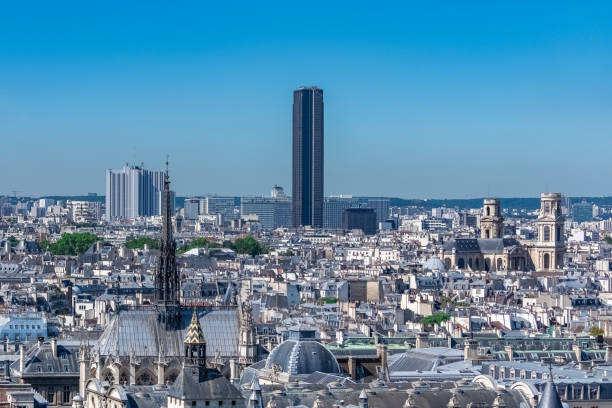 Paris, panorama of the city, with the Sainte-Chapelle, the Conciergerie, the Saint-Sulpice church, and the Montparnasse tower, in background